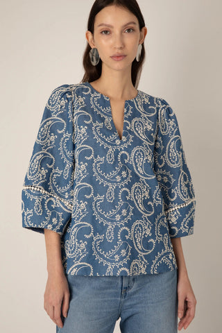 VI.VE.RE Manuela Embroidered Chambray Blouse - Blue