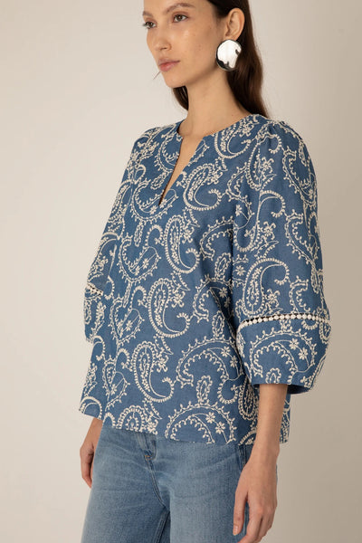 VI.VE.RE Manuela Embroidered Chambray Blouse - Blue