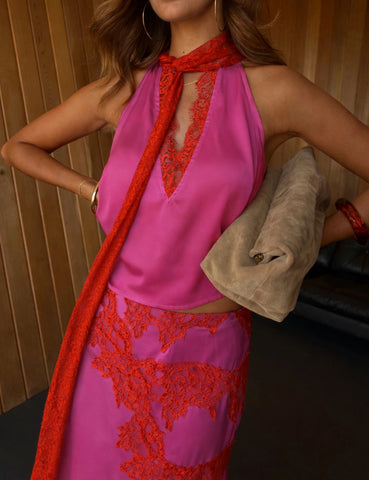 Never Fully Dressed Pink and Red Lace Halter Top