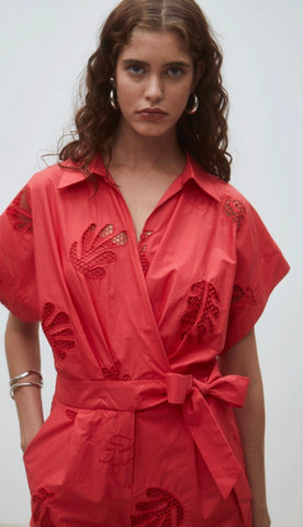 Suncoo Broderie Angalise Playsuit - Geranium