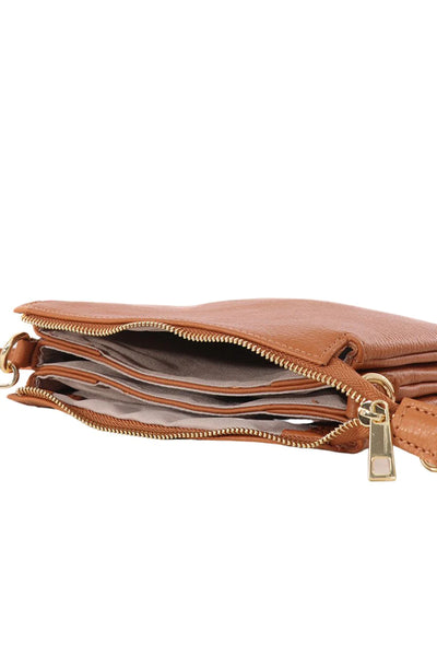 Italian Leather Triple Section Crossbody Bag - Tan
