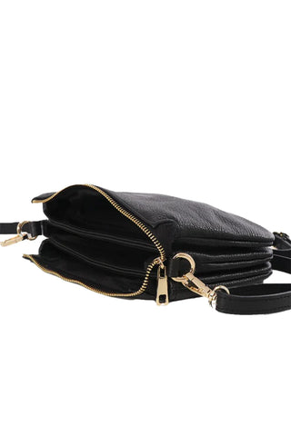 Italian Leather Triple Section Crossbody Bag - Black