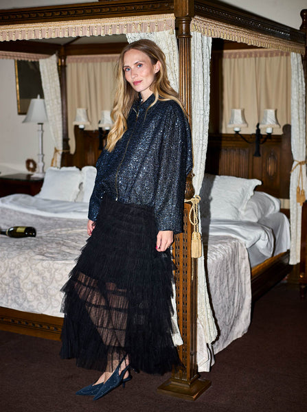Black Colour Angelina Mesh Tiered Skirt - Black