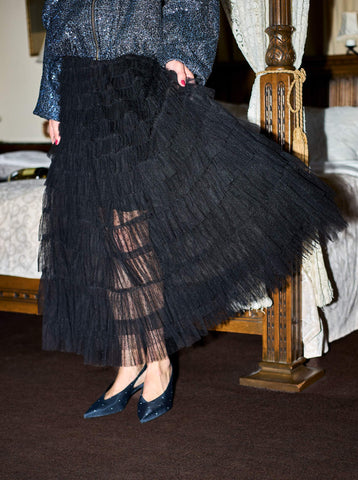 Black Colour Angelina Mesh Tiered Skirt - Black