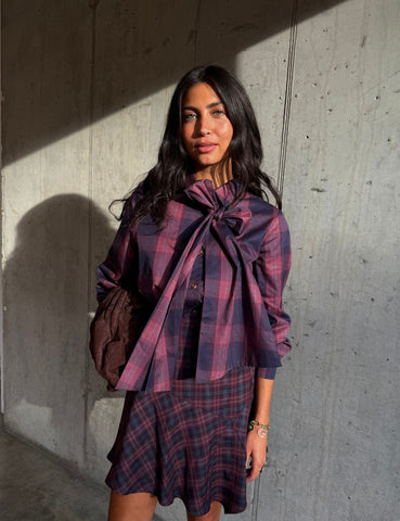 Never Fully Dressed Lyocell Rich Checked Tie Neck Blouse