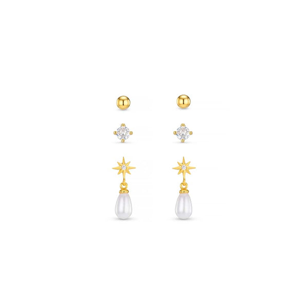 Orelia Micro Pearl& Star Drop Earrings Set - gold / Pearl