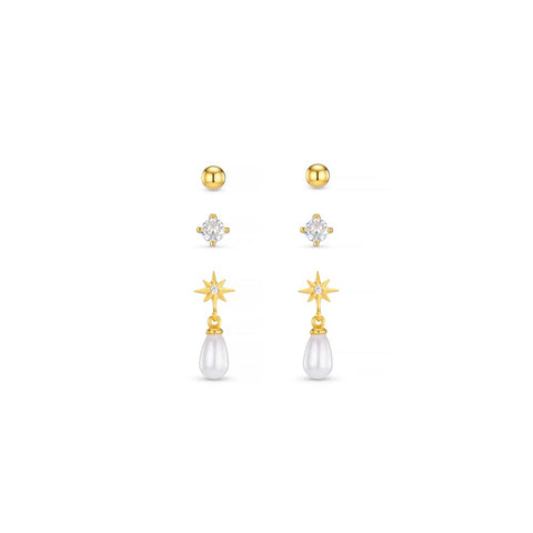 Orelia Micro Pearl& Star Drop Earrings Set - gold / Pearl