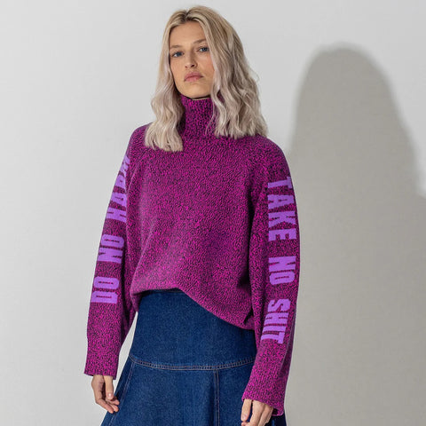 Black & Beech Do No Harm Take No Shit Merino Funnel Jumper - Anemone