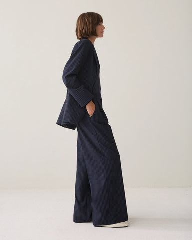 Summum Woman Pleated Pinstripe Trousers - Navy