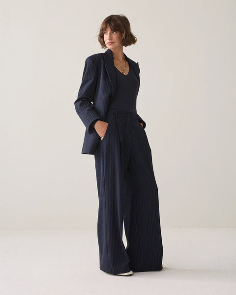 Summum Woman Pleated Pinstripe Trousers - Navy