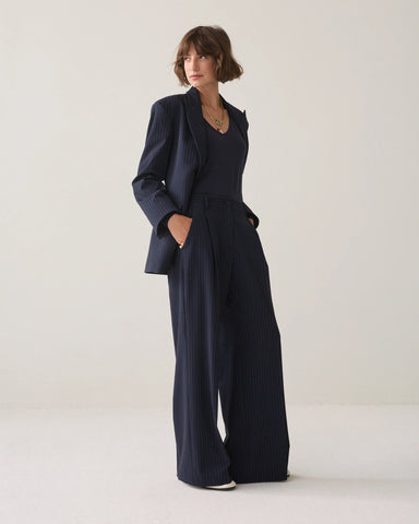 Summum Woman Pleated Pinstripe Trousers - Navy