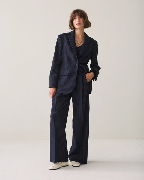 Summum Woman Pleated Pinstripe Trousers - Navy