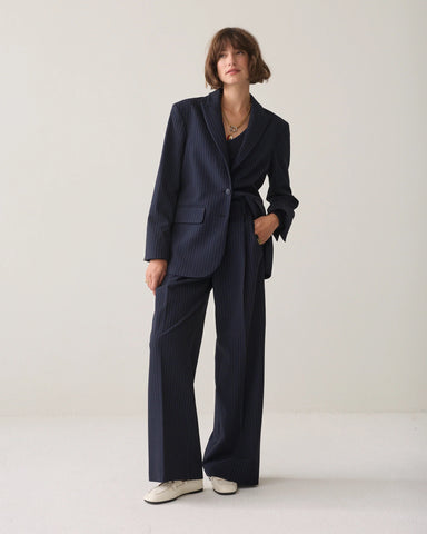 Summum Woman Pleated Pinstripe Trousers - Navy