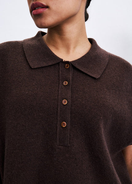 FRNCH Minthe Knitted Short Sleeve Polo Sweater - Chocolate