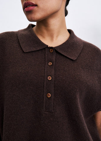 FRNCH Minthe Knitted Short Sleeve Polo Sweater - Chocolate