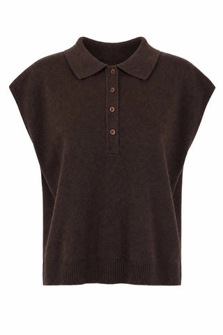 FRNCH Minthe Knitted Short Sleeve Polo Sweater - Chocolate