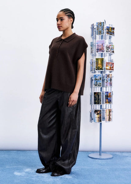 FRNCH Minthe Knitted Short Sleeve Polo Sweater - Chocolate