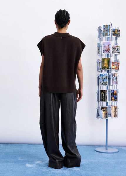 FRNCH Minthe Knitted Short Sleeve Polo Sweater - Chocolate