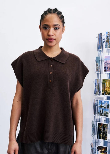 FRNCH Minthe Knitted Short Sleeve Polo Sweater - Chocolate