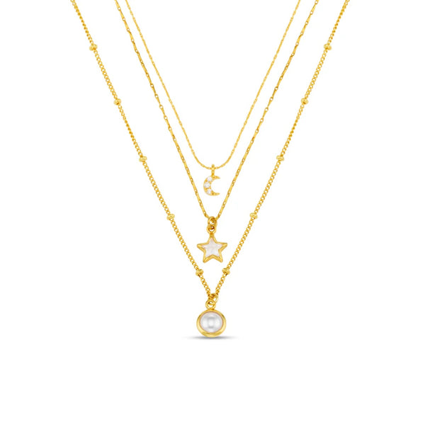 Orelia Jewellery Celestial Charm & Pearl 3-Row Necklace - Gold
