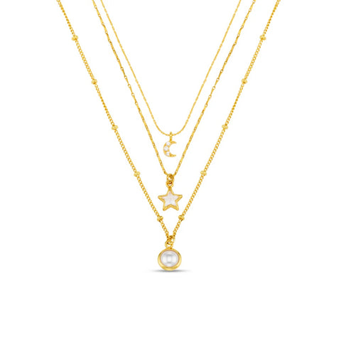 Orelia Jewellery Celestial Charm & Pearl 3-Row Necklace - Gold