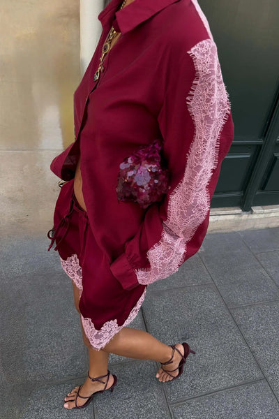 Never Fully Dressed Burgundy & Pink Lace Marley Shirt