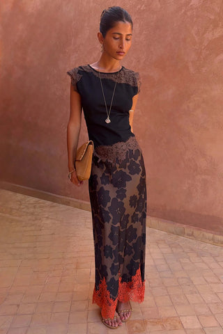 Never Fully Dressed Floral Maeva Midi Lace Skirt - Tan Jaden