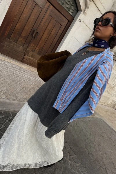 Never Fully Dressed Grey Knit Jumper Dress with Sheer Lace Skirt