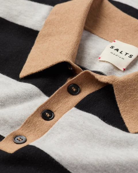 Salts Cashmere Long Sleeved Stripe Polo Shirt - Silver / Black
