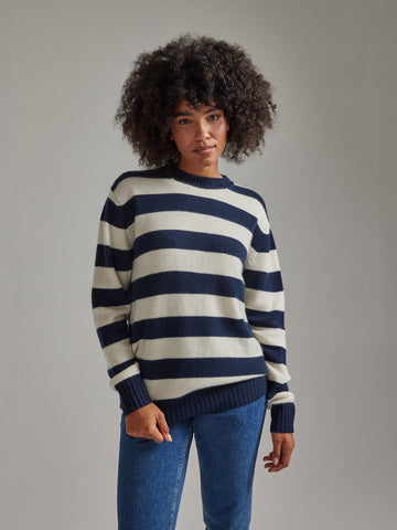 Salts Cashmere Lofty Crew Neck Sweater - Navy / Soft White