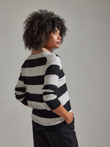 Salts Cashmere Long Sleeved Stripe Polo Shirt - Silver / Black