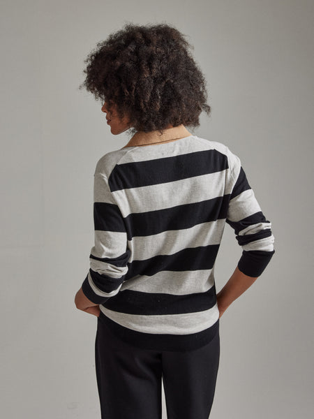 Salts Cashmere Long Sleeved Stripe Polo Shirt - Silver / Black