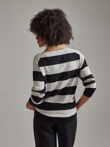 Salts Cashmere Long Sleeved Stripe Polo Shirt - Silver / Black