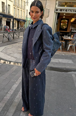 Never Fully Dressed Navy Pinstripe Fold Over Blazer