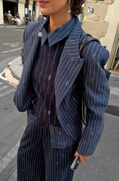 Never Fully Dressed Navy Pinstripe Fold Over Blazer