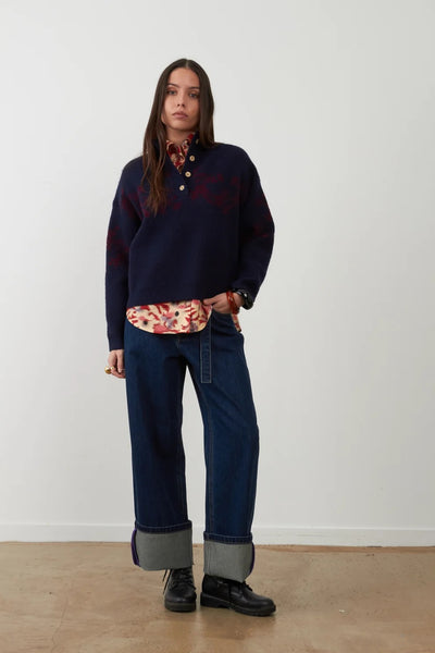 Orfeo Aegean Trucker-neck Sweater - Navy / Burgundy