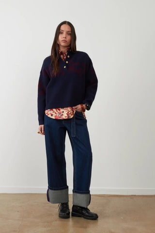 Orfeo Aegean Trucker-neck Sweater - Navy / Burgundy
