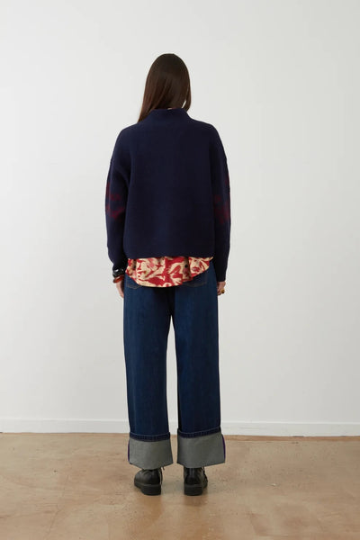 Orfeo Aegean Trucker-neck Sweater - Navy / Burgundy