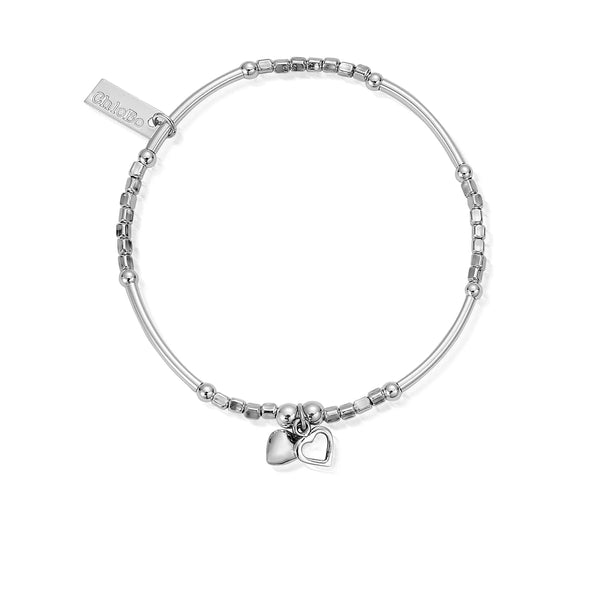 ChloBo Mini Noodle Cube Double Heart Bracelet - Silver