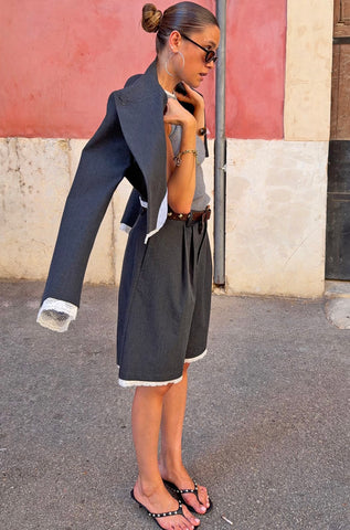 Never Fully Dressed Long Tailored Shorts with Lace - Dark Grey
