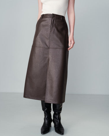 Grace And Mila Faux Leather Midi Skirt - Chocolate