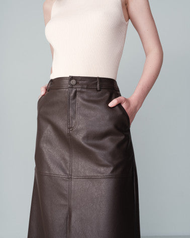 Grace And Mila Faux Leather Midi Skirt - Chocolate