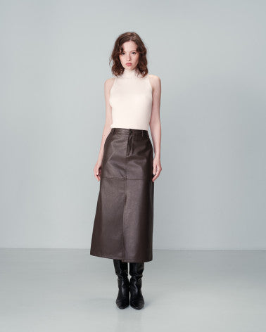 Grace And Mila Faux Leather Midi Skirt - Chocolate