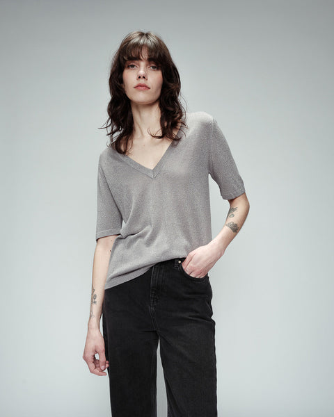 Grace & Mila Omalia Lurex V-neck Top - Argent