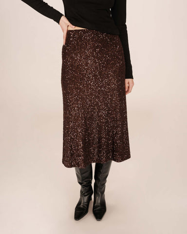 Grace & Mila Tailana  Sequin Skirt - Chocolate