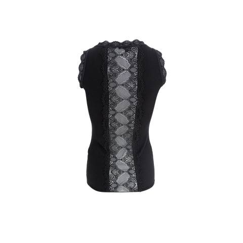 Black Colour Ivy Rib Lace Vest - Black