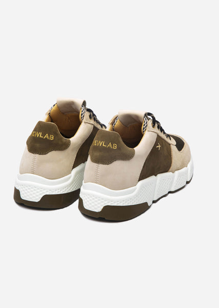 NEWLAB Sneaker in Khaki Leather and Beige Suede.