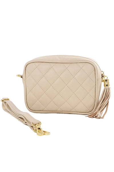 Leather Quilted Cross Body Bag - Light Beige