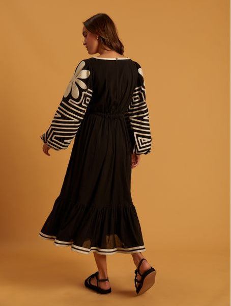 Idano Embroidered Sleeve Dress - Black